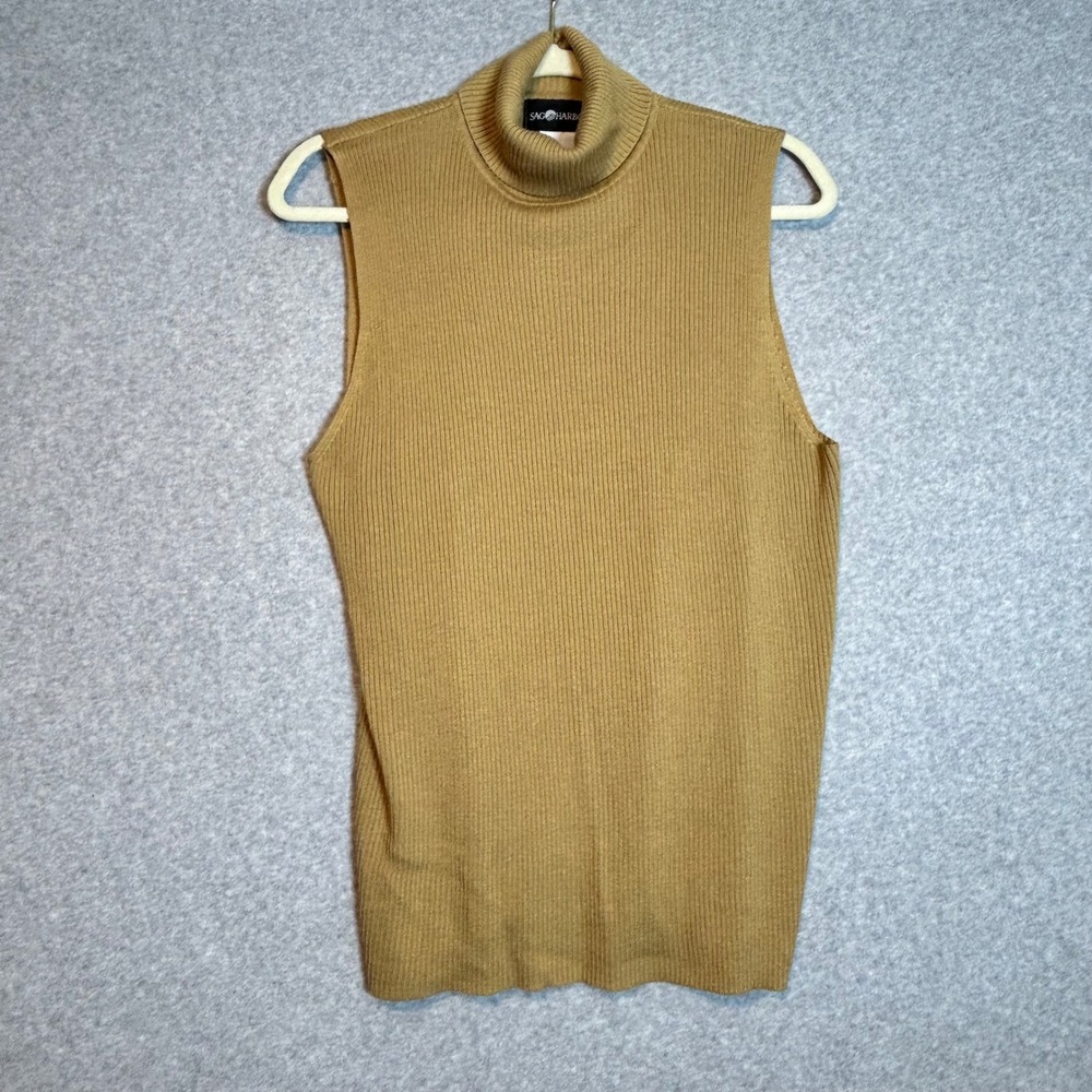 Sag Harbor Sleeveless Turtleneck Women XL Gold Ribbed Knit Shell Dark Academia